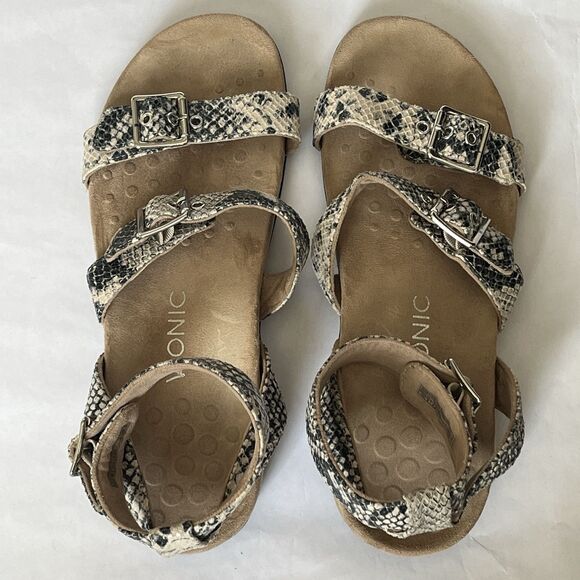 Vionic Sahara Wmns Sz 10 Black White Sandals Ankle Strap Snakeskin Leather Suede - Picture 9 of 16
